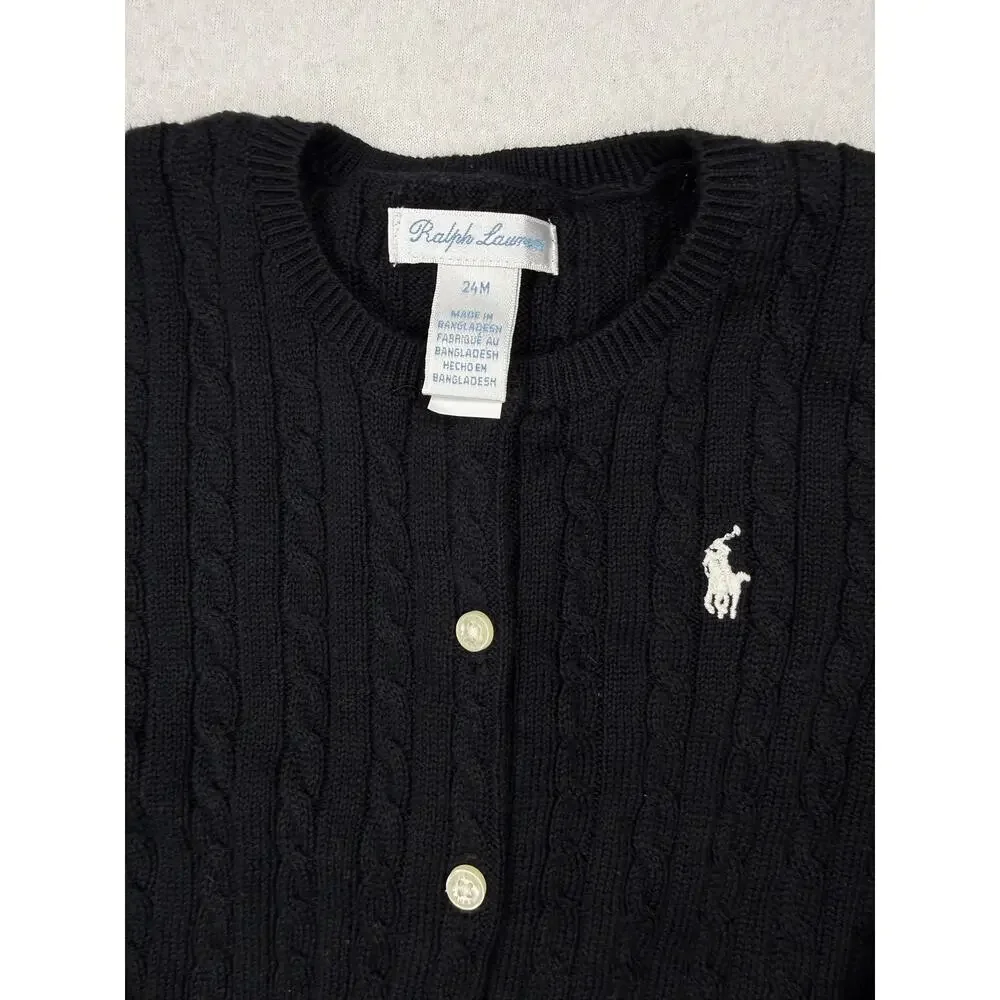 Ralph Lauren Baby 24M Black Cable Knit Cotton Cardigan Sweater White Pony NWOT